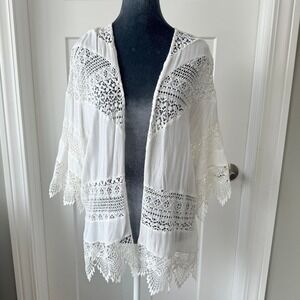Lush White Lace Crochet Kimono Cardigan Boho‎ Beach Short Bell Sleeve S M